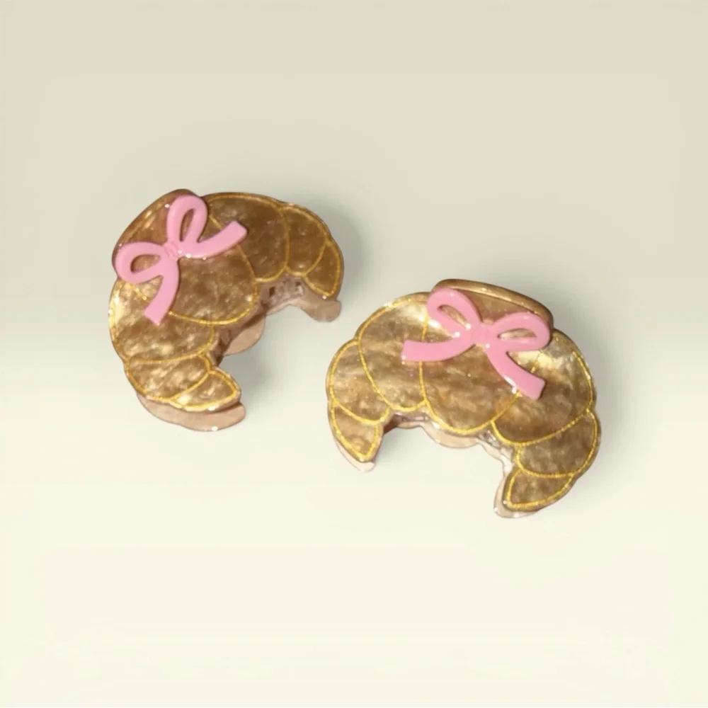 🎀 🥐 NEW Set Pink Bow Croissant Claw Clips Hair Accessories 🥐 🎀